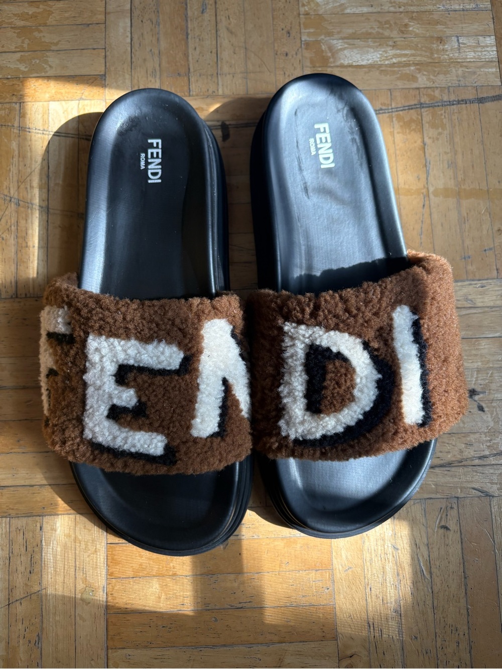 Fendi Brown Shearling Logo Slide Sandals with Black Footbed